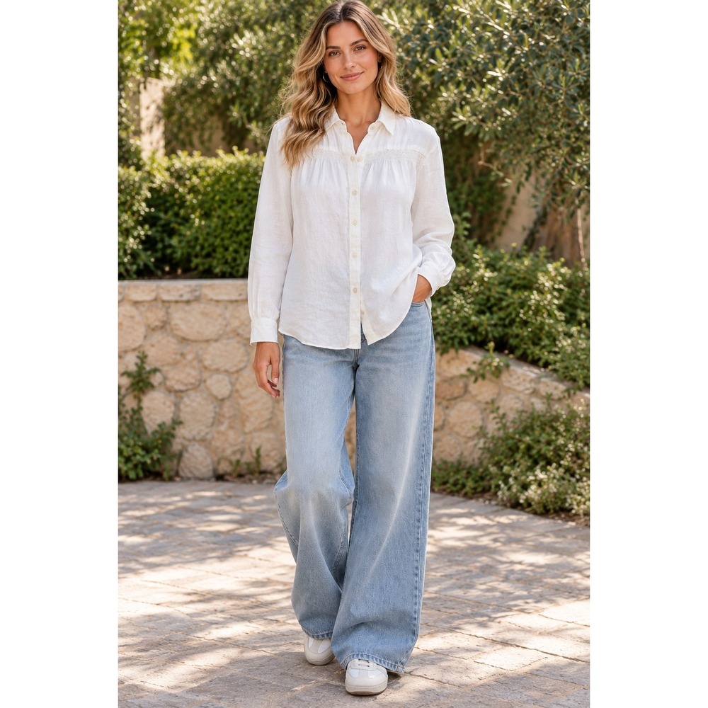 Lands End Button Front 100% Linen Shirt Small Coastal Classic Preppy Resort Wear